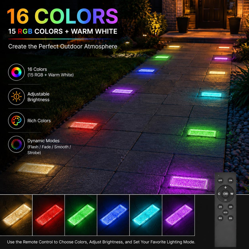 Solar Paver Lights 4x8, RGB + Warm White Recessed Brick Light, IP67, 2 Pack