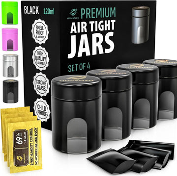 Premium Airtight Glass Storage Jars 180/120ml with 69% Humidity Control 4 Packs - UV Air Tight Jars with