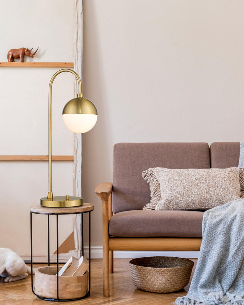 Modern Gold Table Lamp with White Glass Globe, Gold Desk Light Bedside Lamp with Brushed Brass Finished Office