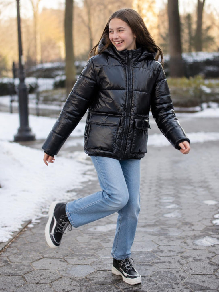 Girls Winter Coat Metallic Shiny Hooded Puffer Jacket