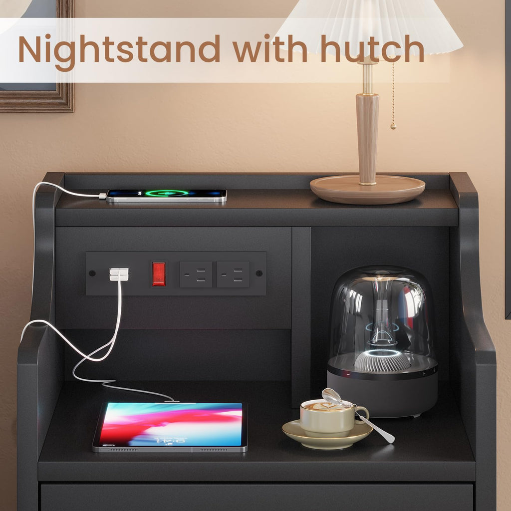 Black Nightstand with Charging Station & Drawers