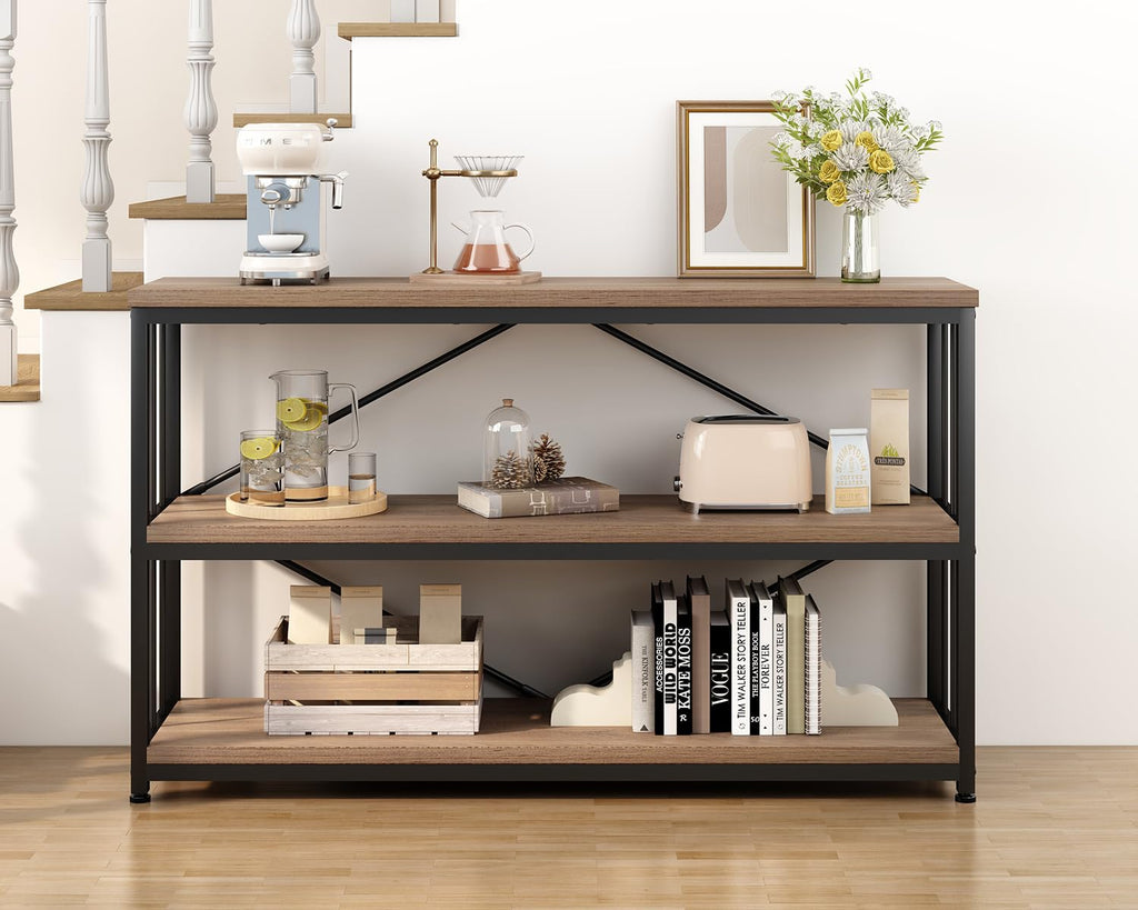 3 Tier Bookshelf, Industrial Wide Horizontal Bookcase Rustic Oak 47 in
