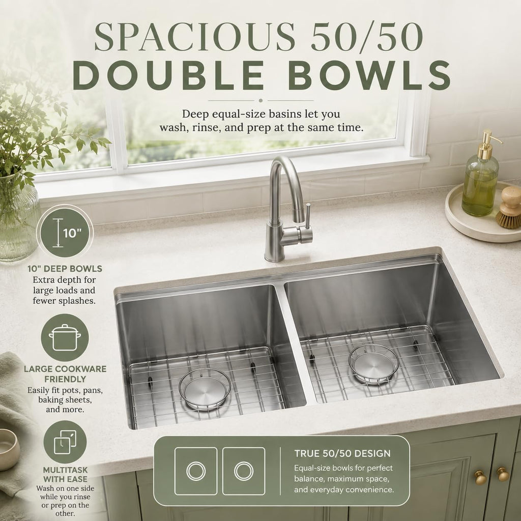 30''x18'' Double Bowl Undermount Kitchen Sink, T304 Stainless Steel 50/50 Workstation Sinks with 10'' Deep Basins &
