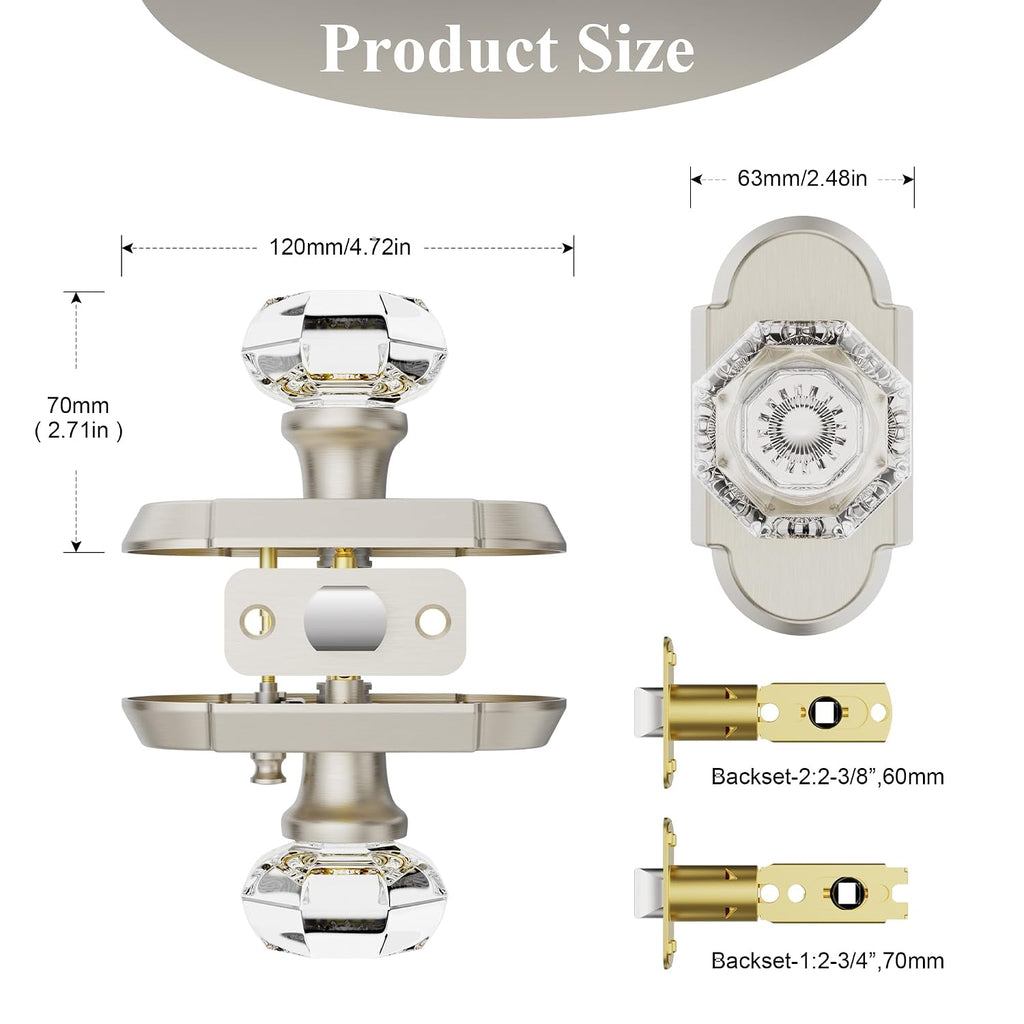 Satin Nickel Glass Interior Door Knob, Privacy Door Knobs for Bed/Bath