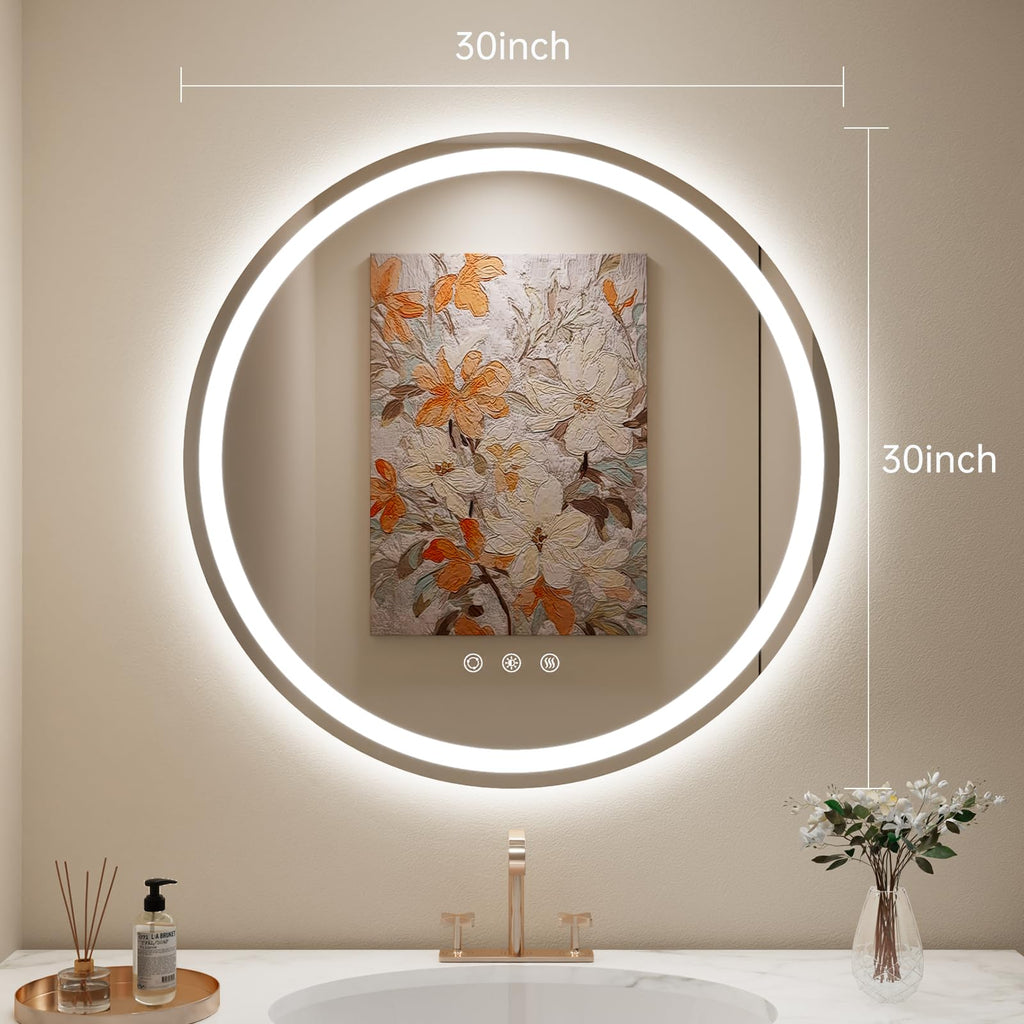 30" Circle LED Mirror, Round Bathroom Mirror with Lights