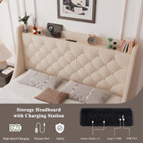 Upholstered Queen Bed Frame with 4 Storage Drawers, Charging Station and Tufted Wingback Storage Headboard