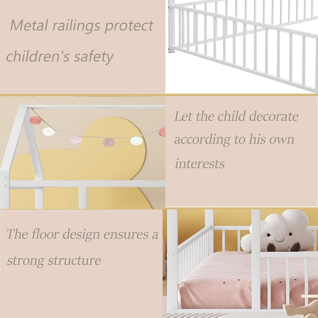 Floor Bed Frame, Metal Montessori Floor Bed with Fence for Boys Girls Bedroom Playhouse for Kids No Slat
