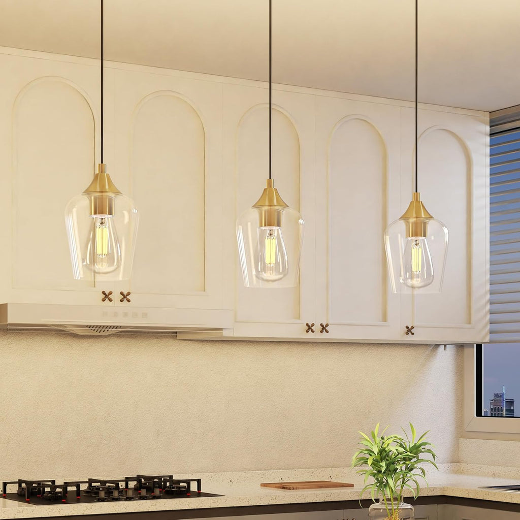 Pendant Lights Kitchen Island, Brushed Gold Pendant Light Fixtures with E26 Base & Adjustable Cable, Modern Pendant