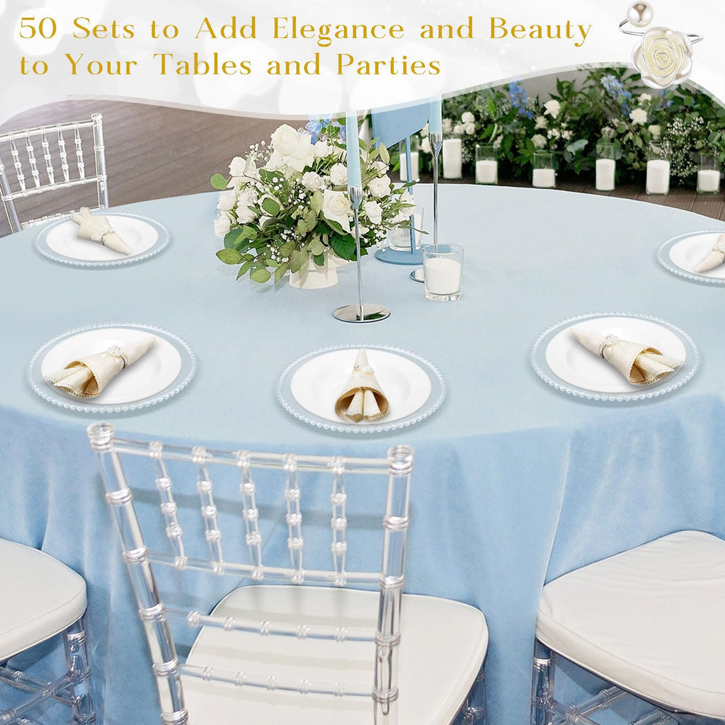 50 Set Clear Silver Charger Plates and Napkin Rings Bulk 13 Inch