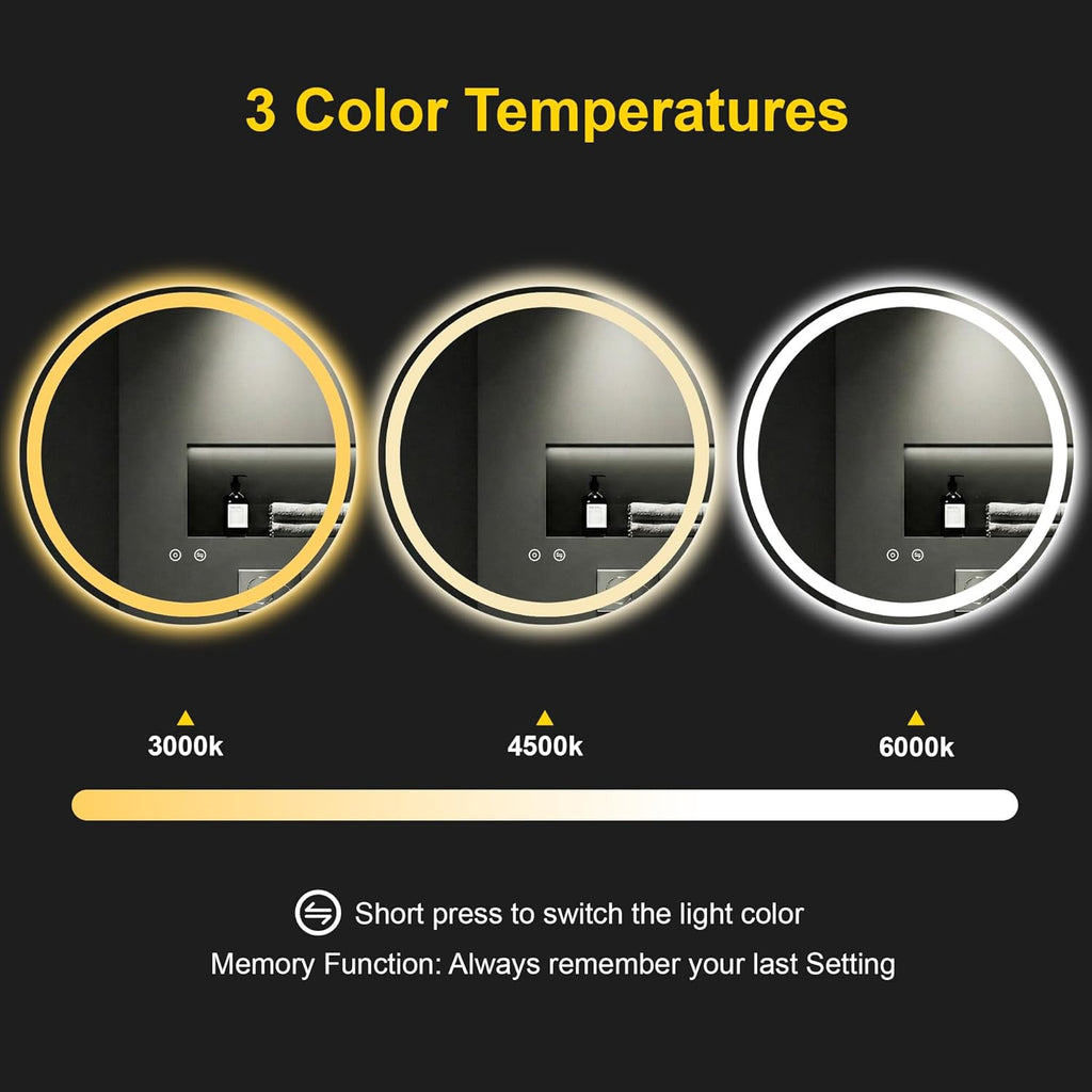 Round LED Bathroom Mirror with Lights, 30 Inch Circle Lighted Vanity Mirror, Anti-Fog, Dimmable 3 Colors