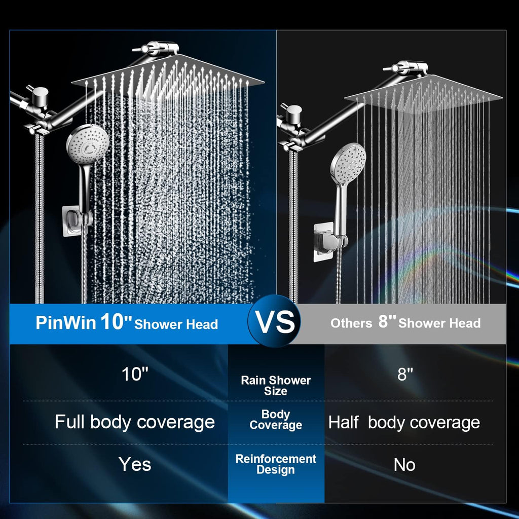 Shower Head Combo,10 Inch High Pressure Rain Shower Head with 11 in Adjustable Extension Arm and 5 Settings