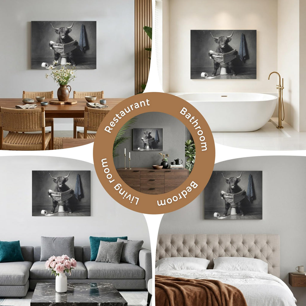 Highland Cow Reading Newspaper on The Toilet Canvas Print Wall Art - Funny Animal - Wall Decor Modern Artwork