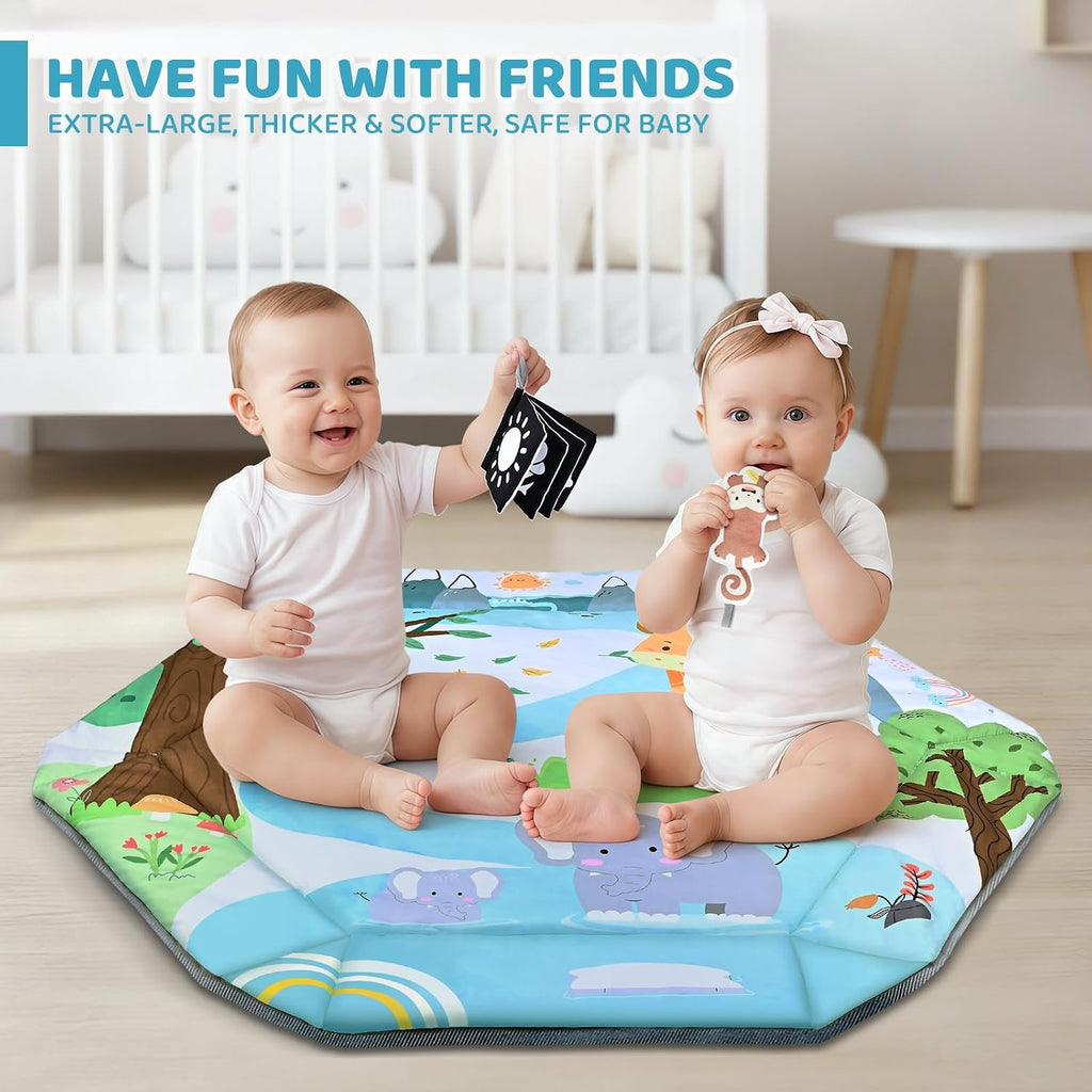 Gym Play Mat, in-1 Tummy Time Mat & Ball Pit with 6 Toys, Washable Baby Activity Play Mat for Visual, Hearing