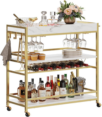 Gold Bar Cart on Wheels with Wine Rack & Glass Holders | 3-Tier, Rolling Serving Cart for liquor, Wine and Beverages