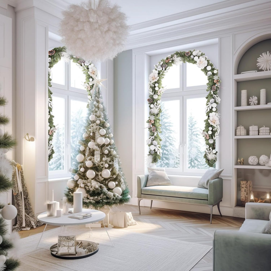 Pre-lit 9 Feet/108 Inch Christmas Garland, White & Silver Lighted Garland with 50 LED Lights for Indoor Outdoor Xmas