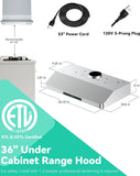 36 Inch Stainless Steel Under Cabinet Range Hood 900 CFM Ultra-Quiet 4 Speed Gesture Control, LED Lights External Venting