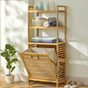 Tilt Out Laundry Hamper with 3 Tier - Bamboo Laundry Basket, Natural