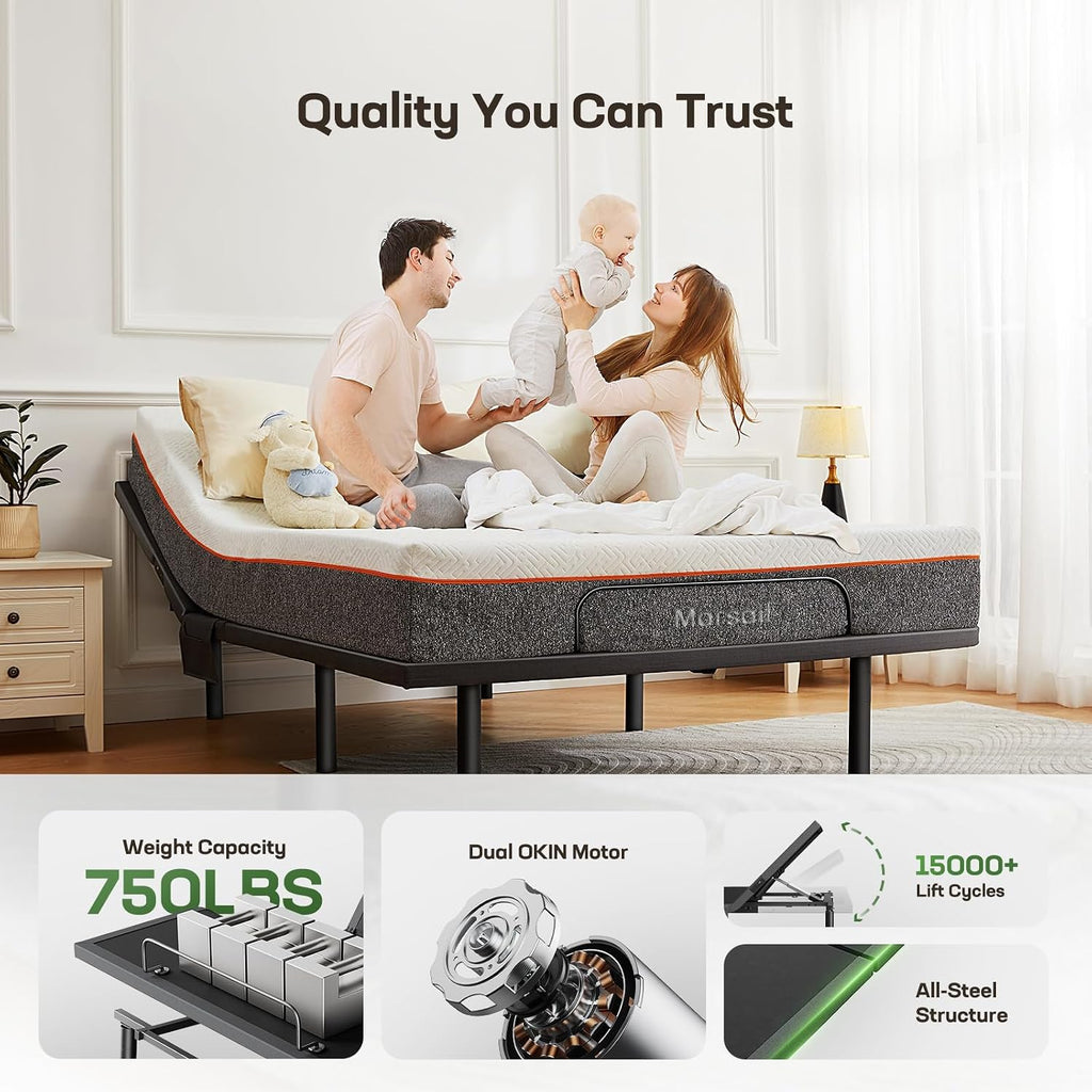 MS01 Queen Adjustable Bed Base Frame, 4 Ports USB A&C Adjustable Bed Base with Under-Bed Nightlight, 3 Minutes Fast