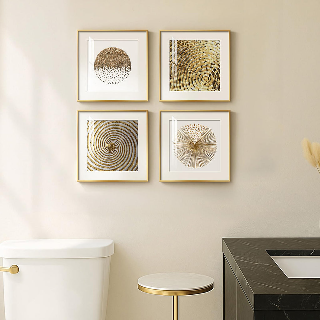 4 Piece Framed Modern Gold and White Wall Art, 12x12 Inch