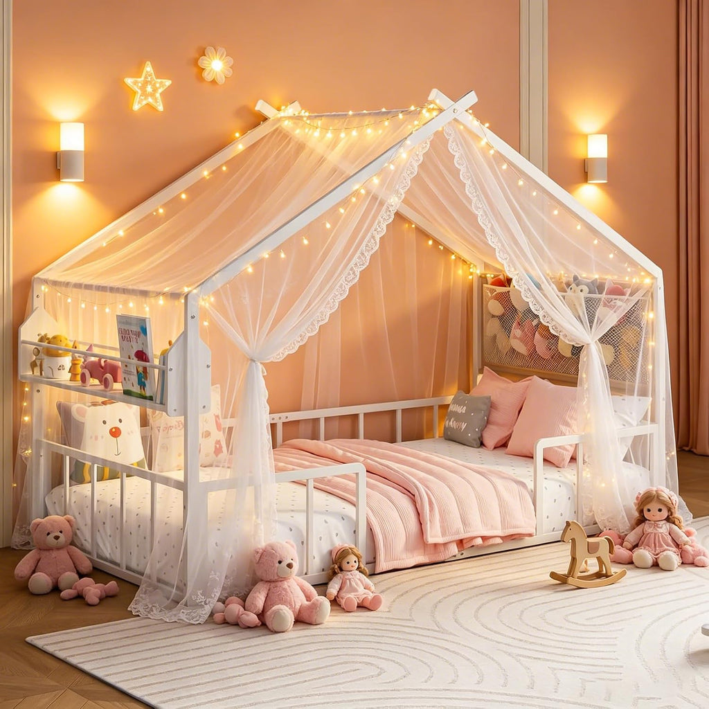 Montessori House Bed with Storage Rack & Stuffed Animal Storage