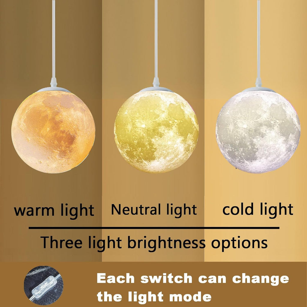 Plug-in Moon Pendant Light, Hanging Lamp with Switch & Cord, Color Dimmable LED Ceiling Lamp for Kids' Bedroom or
