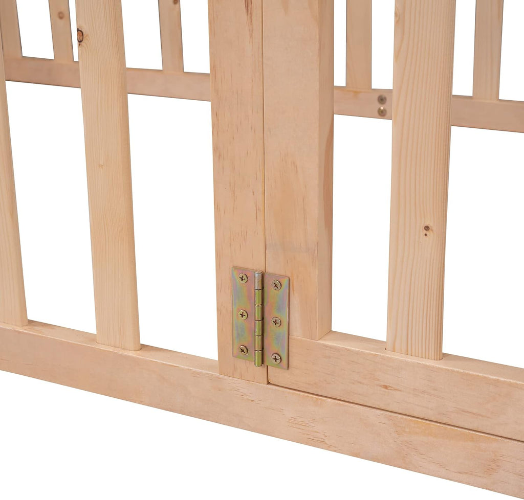 Montessori Floor Bed with 21.7" High Rails, Pine, Plywood Floor Bed with Small Door, Natural