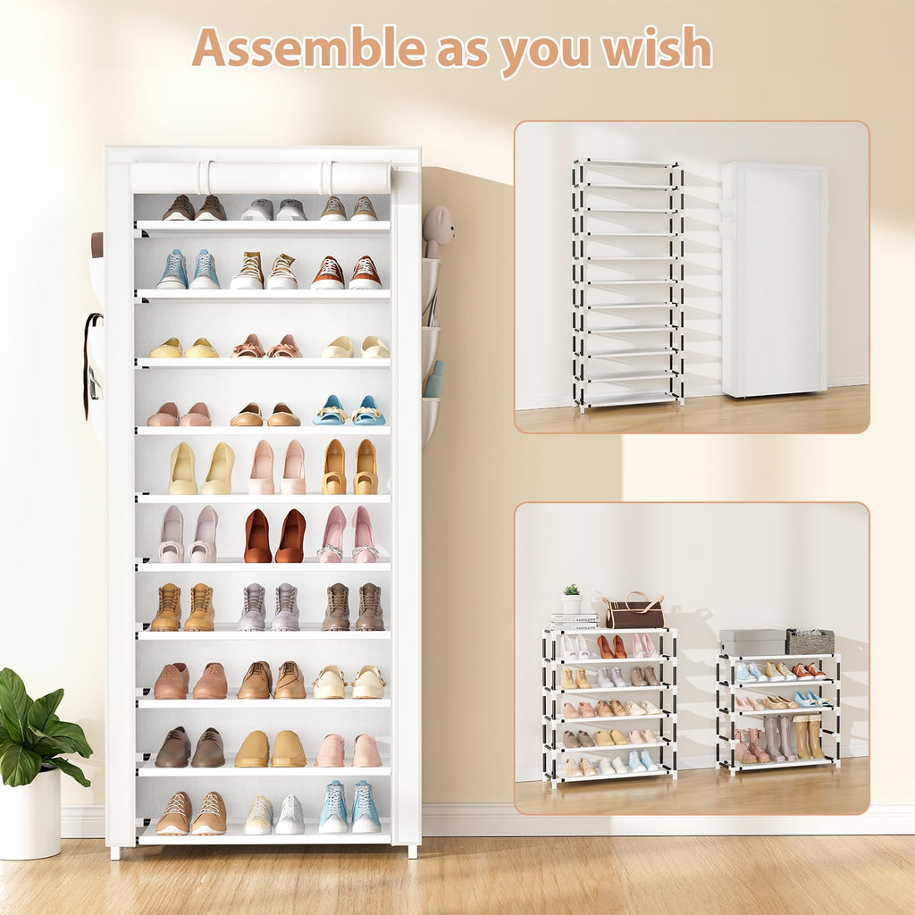 Shoe Rack with Cover 10 Tier Vertical Narrow Tall Shoe Shelf, White