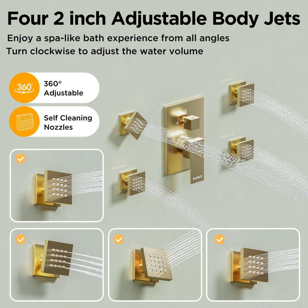 Shower System with 4 Body Spray Jets, 4 Way 12 + 6"Rainfall Shower Head with Handheld Combo, Ceiling Mounted Shower
