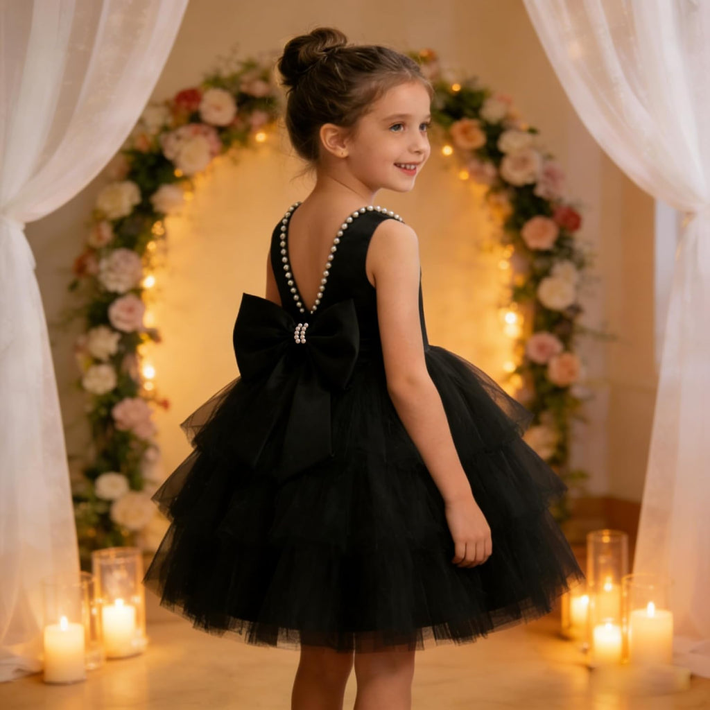 Toddler Baby Girls Pearl Backless Big Bowknot Tutu Gown Party Wedding Ball Gown Princess Dress with Headwear