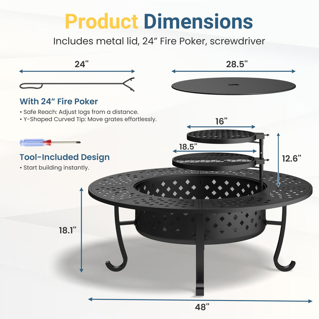 48" Large Fire Pit for Outside with 2 Adjustable Grills, Lid & Fire Poker