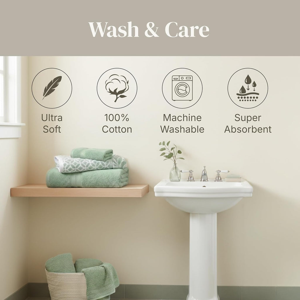 6 Piece Bath Towel Set - Bathroom Set with 2 Bath Towels, 2 Hand Towels, and 2 Wash Cloths - 100% Cotton, Super