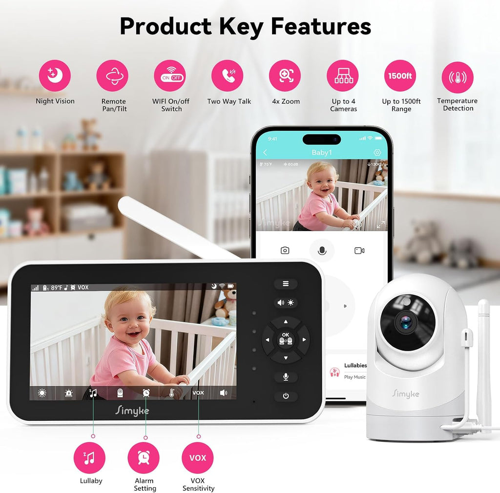Monitor,5" Video Baby Monitor with 720P Camera,WiFi Audio Monitor with Remote PTZ,Night Vision, Way Talk,Sleep