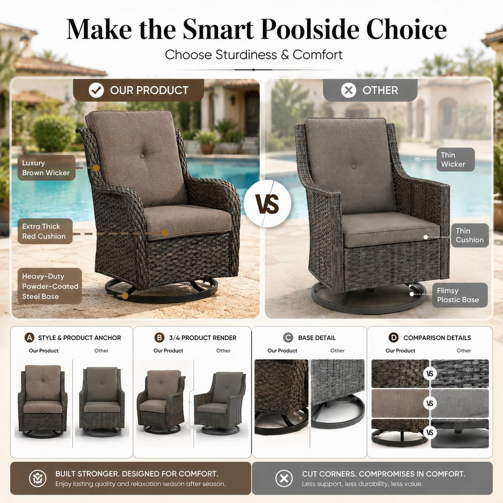 Outdoor Swivel Rocker Wicker Patio Chairs Set of 2, Rattan Rocking Chair Furniture Set(Brown, Grey)
