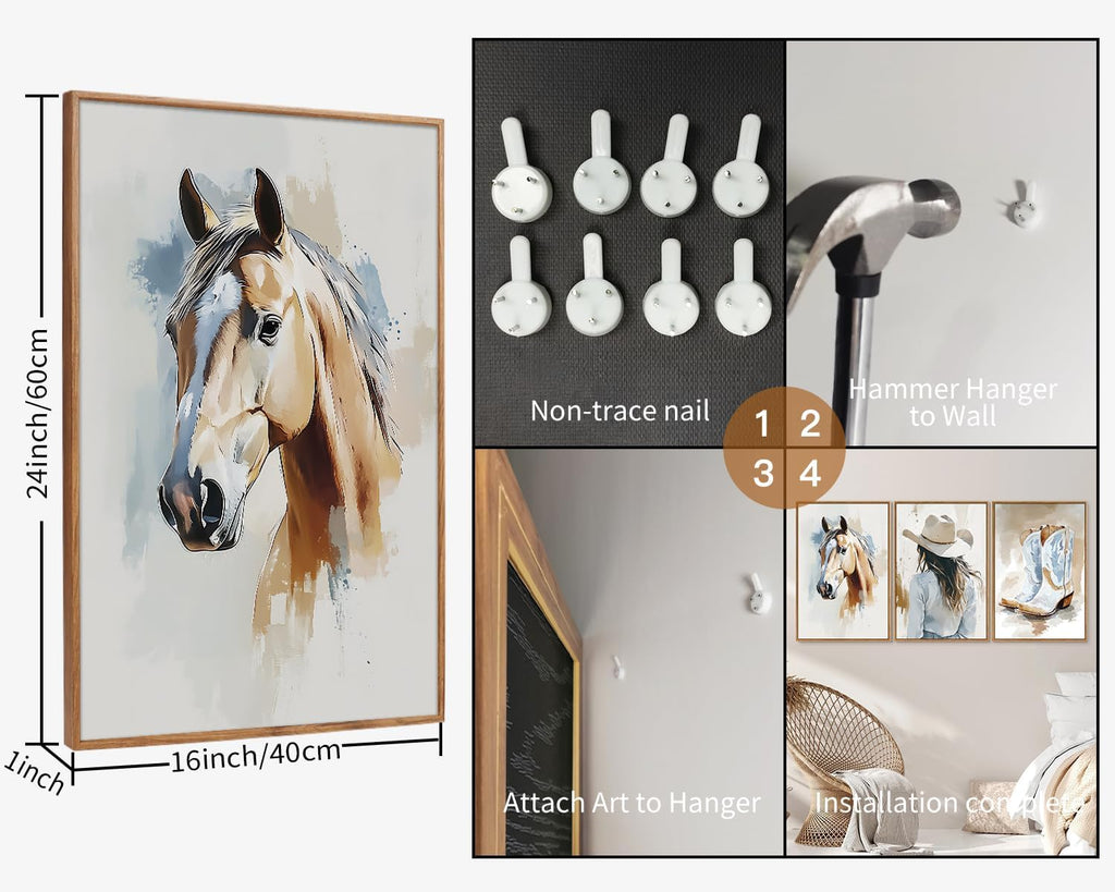 Large Western Cowgirl Posters Framed Canvas Wall Art Set, Blue and White Horse Wall Decor, Glam Rodeo Boots Art