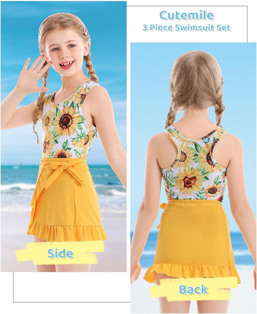 Girls Swimsuit 3pc Bathing Suit Tankini Set with Skirt