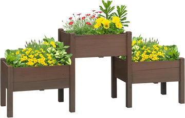 Raised Garden Bed with 3 Planter Box Elevated Plant Stand, Coffee | Wooden, Drainage Holes, for Vegetables Herb and