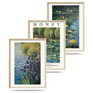 Monet Water Lilies Impressionist Framed Canvas Wall Art Set, Sage Green Monet Pond Watercolor Floral Botanical Wall