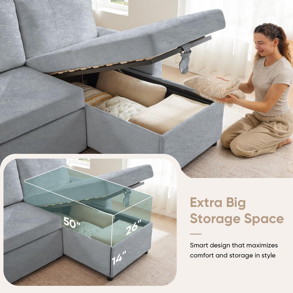 85" L Shaped Sectional Sofa Couch, Pull Out Couch Sleeper Sofa Bed, Soft Chenille Deep Seat Sofa, Reversible Chaise