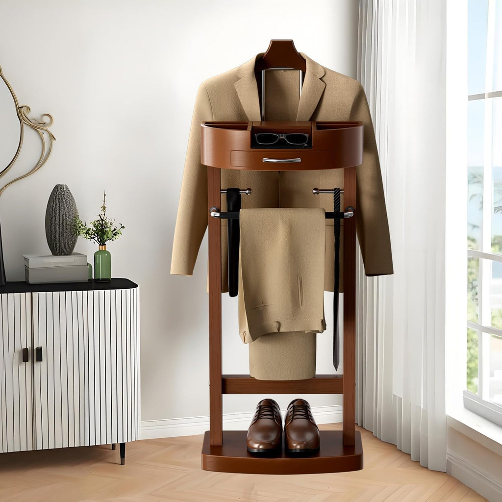 Wooden Valet Stand for Men, Clothes Valet with Tray and Sturdy Base, Freestanding Suit Stand, Load Capacity 100 lbs