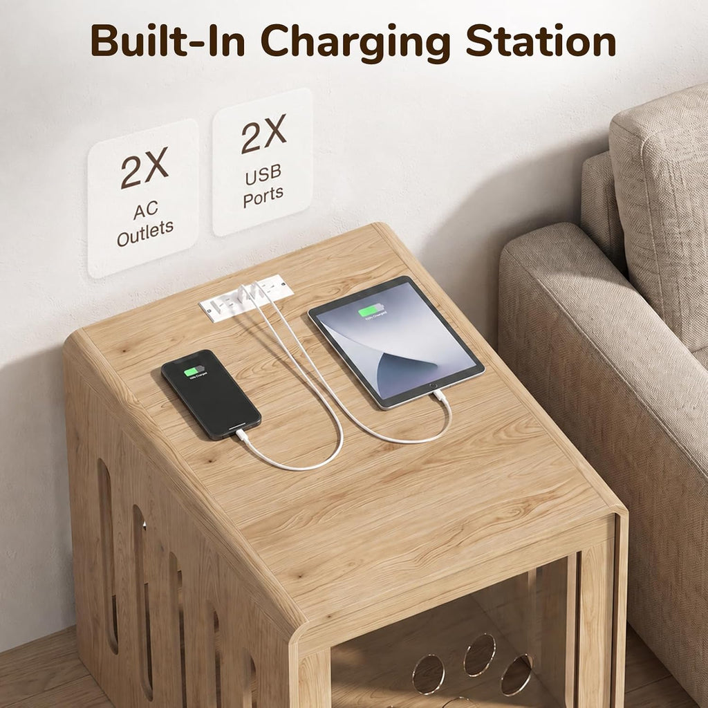Modern Dog Crate Furniture, Wood Side Table for Small Dogs, Power Outlet
