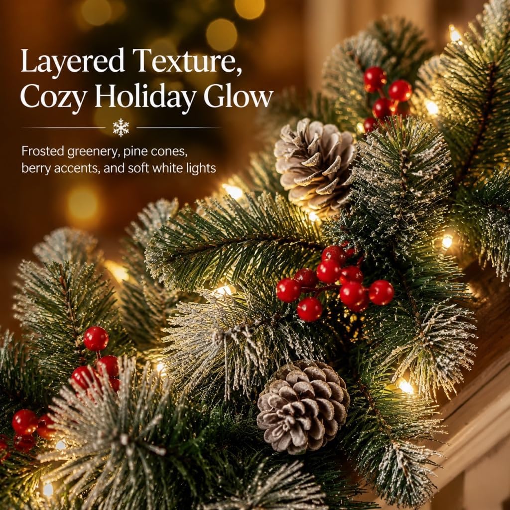 Pre-Lit Artificial Christmas Garland, Snowflake Garland, 50 Warm White Lights, Decorated with Pine Cones and Berry