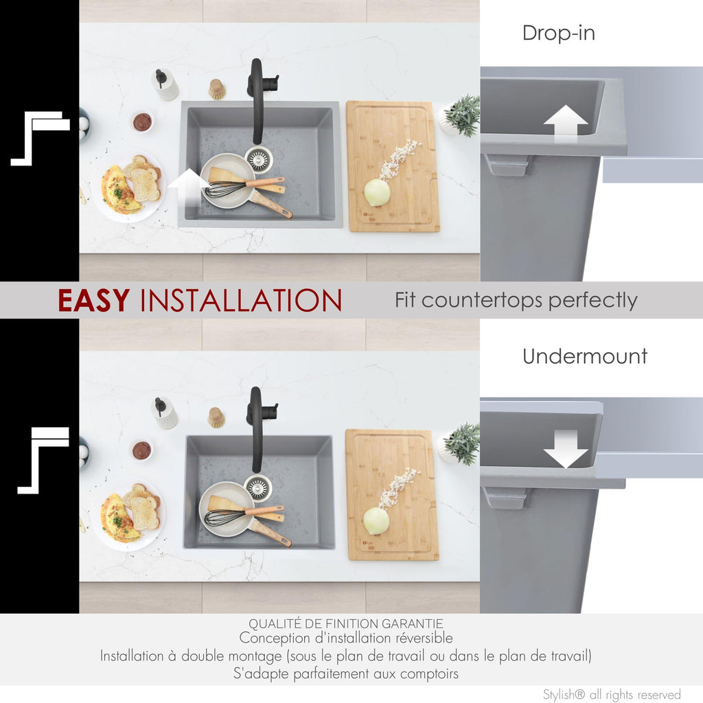 22 x 17.5 Composite Granite Kitchen Sink, Single Bowl Under Mount & Drop in, 8.25 in Deep, Rear-Center Drain, with