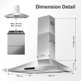 30 Inch Stainless Steel Wall Mount Range Hood 450 CFM 3 Speed Touch Control, LED Lights, Aluminum Filters, Convertible Ducted/Ductless