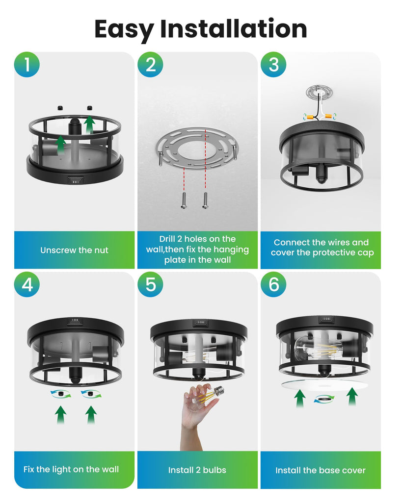 Outdoor Ceiling Light with Motion Sensor 9.3in - Porch Lights Outdoor, E26 Base, Flush Mount, 360° Detection, 3 Modes