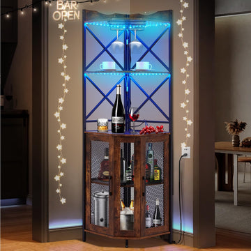 Corner Bar Cabinet with Built-in AC Charging Socket, 5-Tiers Wine Bar Cabinet with Ambient LED Lighting and Glass