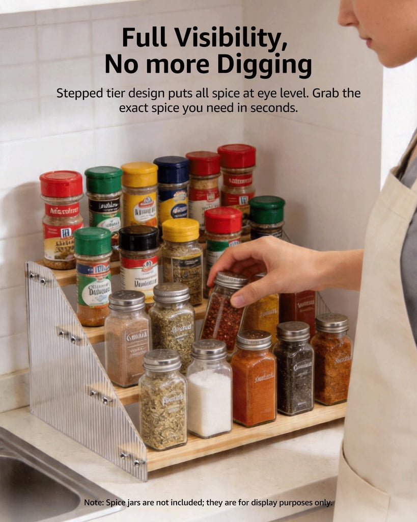 Tiered Spice Rack Organizer for Countertop & Cabinet, 4-Tier 12 Seasoning Storage Shelf, Space Saving Standing Spice
