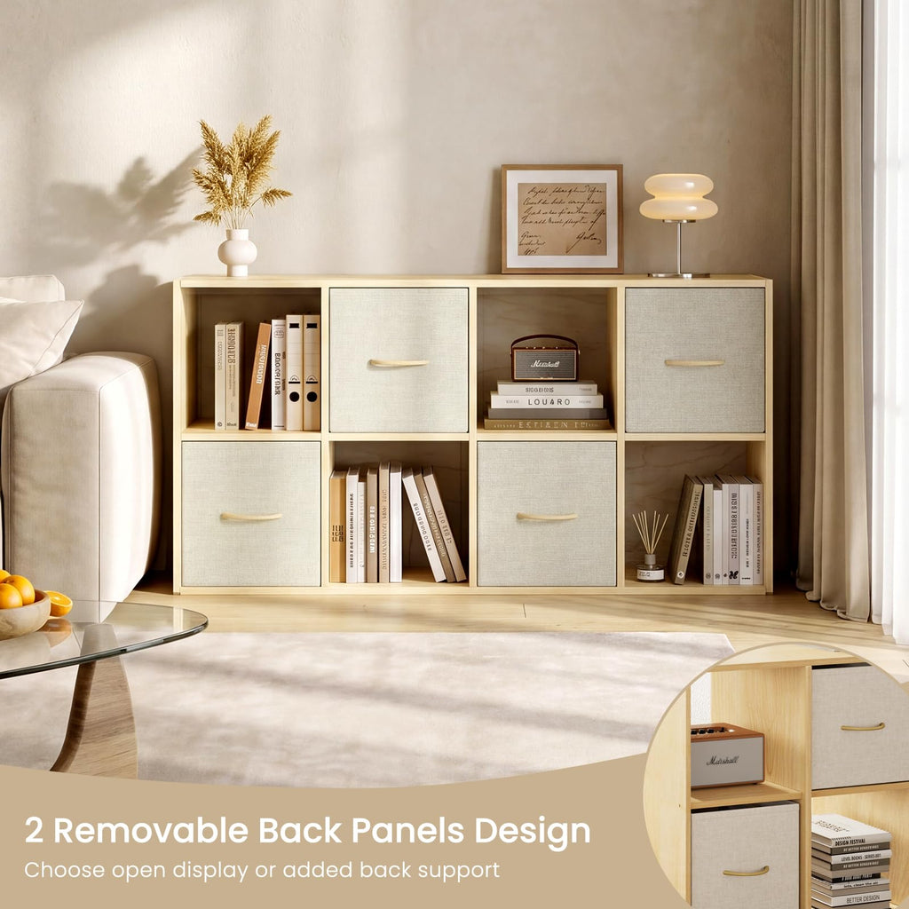 8 Cube Storage Organizer - Solid Wood Bookshelf with 4 Storage Bins, Cube Shelf with 2 Removable Back Panels