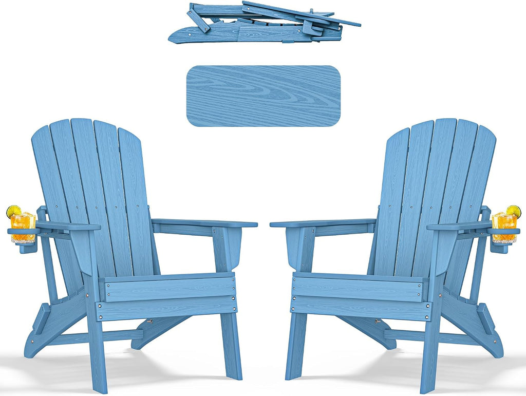 Folding Adirondack Chairs Set of 2, HDPE Cup Holders, Light Blue | Patent pinless folding design, 380lbs, Extended