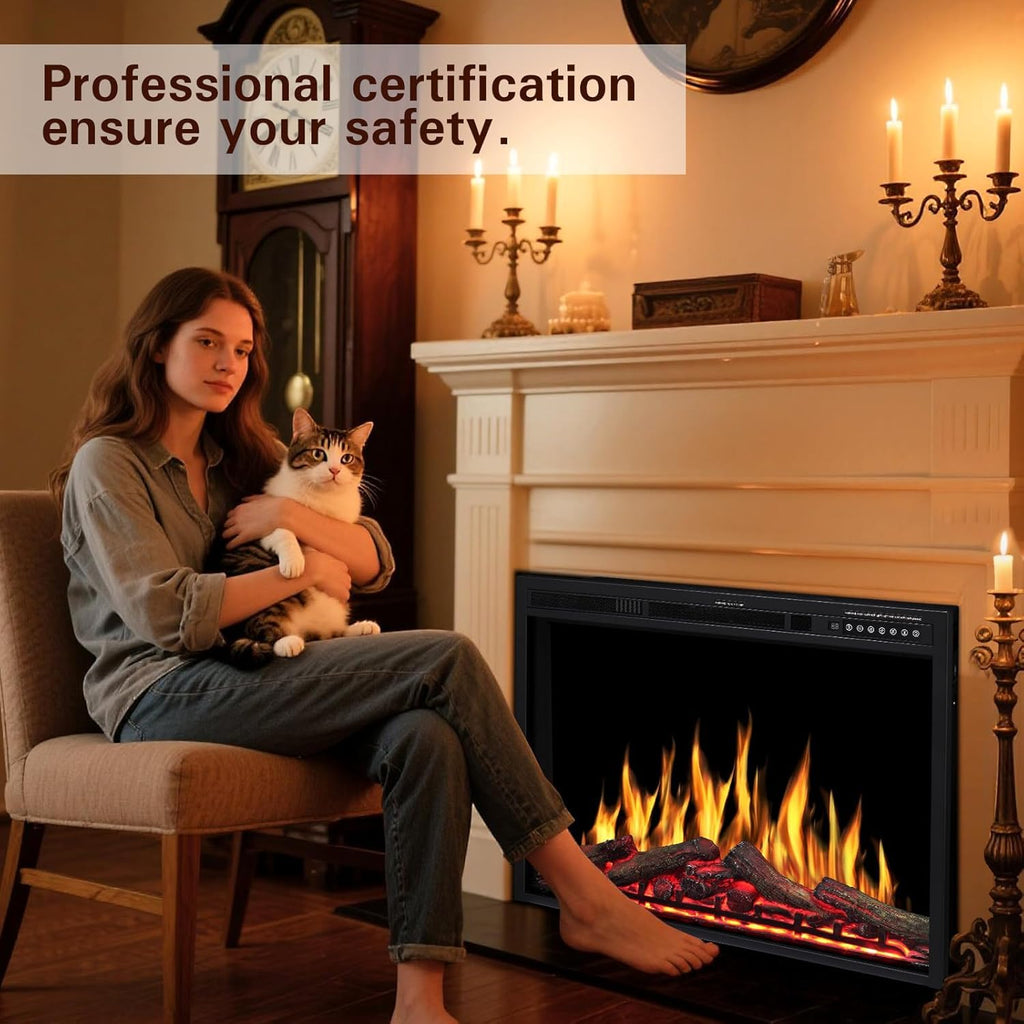 34" Electric Fireplace Insert, Adj.Flame & Log Colors, Remote, 750/1500W