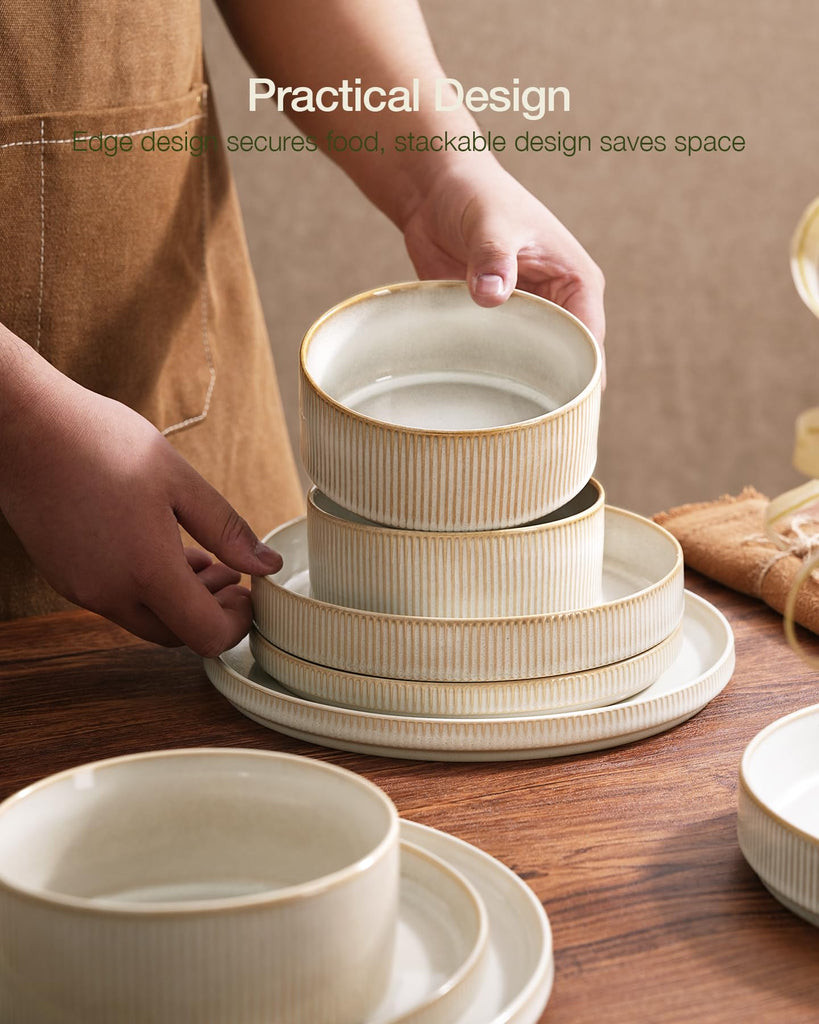 Star Stoneware Dinnerware Set, Reactive Glaze Plates & Bowls for 4